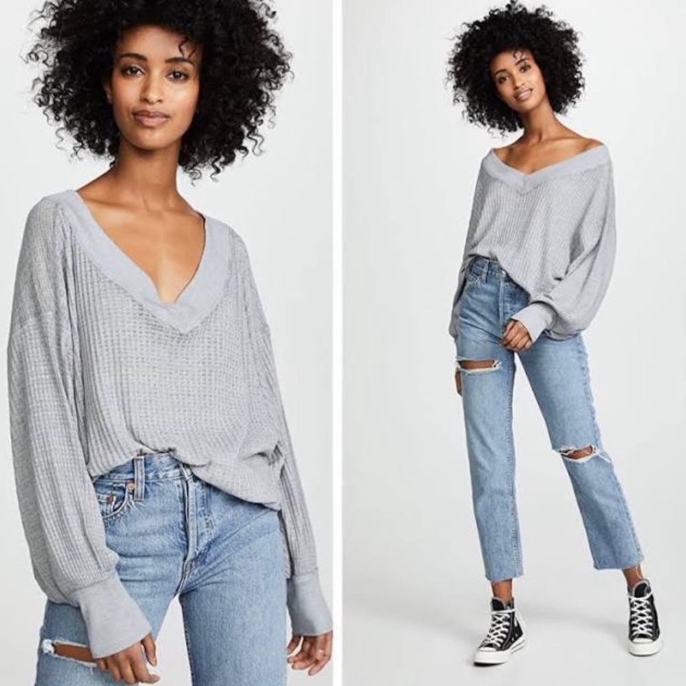 FREE PEOPLE Sheer Gray V Neck Sweater